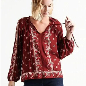 Lucky Brand Rust Bohemian Floral Peasant Blouse, Size Small
